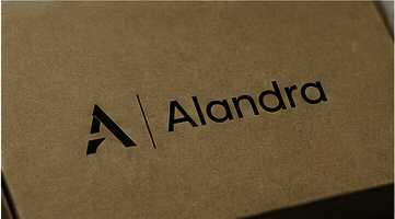 Alandra logo embossed on a kraft cardboard box